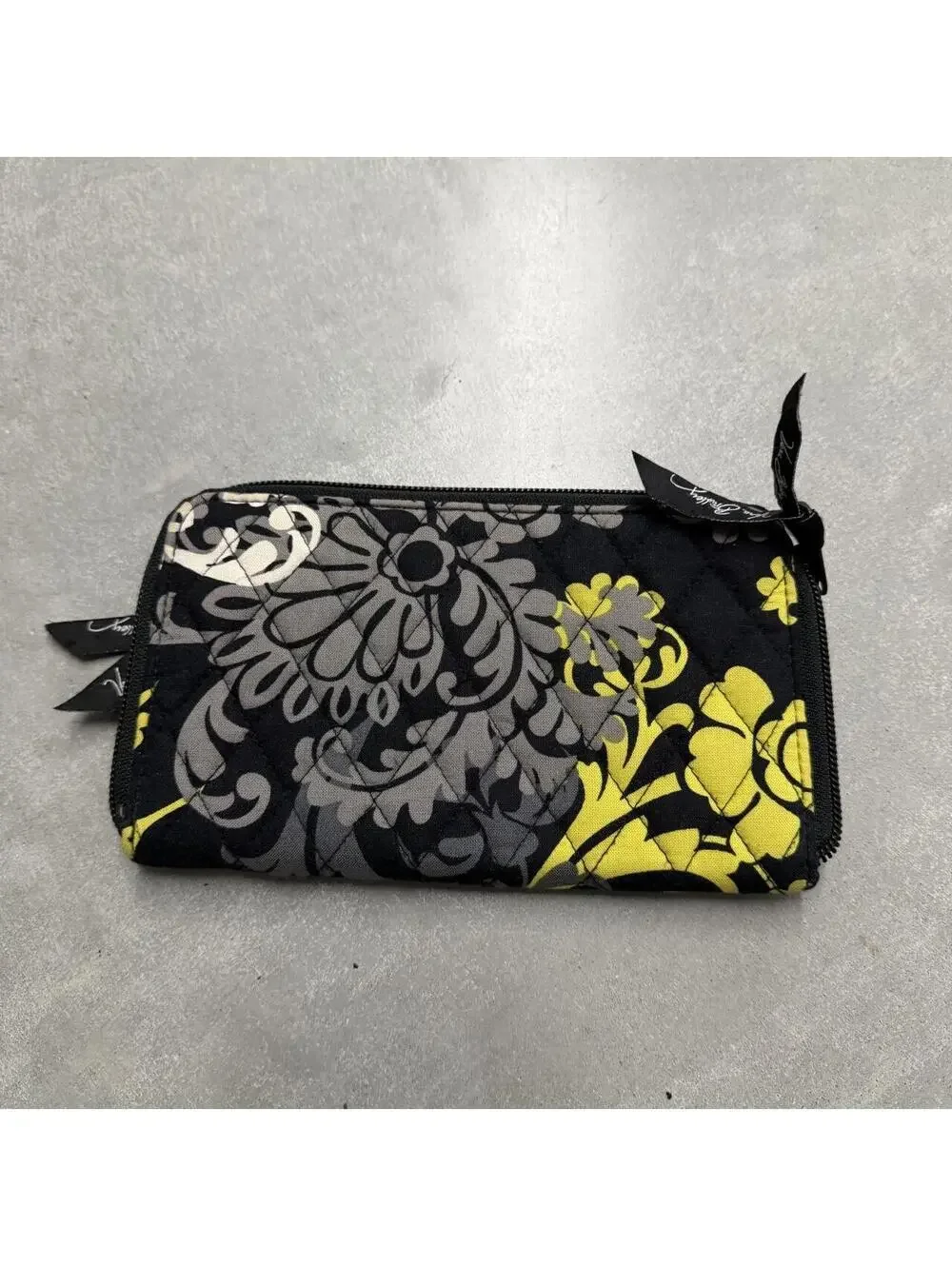 2000s Vera Bradley Baroque Floral Zip Around Wristlet Wallet Black Gray Yellow - Picture 3 of 6